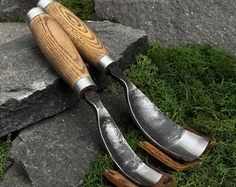 Hand Forged Bent Gouges, Wood Hollowing Tools, 52100 Carbon Steel Blades, Beginners Curved Chisels