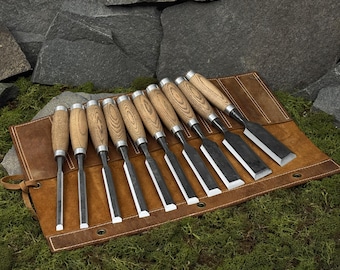 Hand Forged Wood Chisels, Carbon Steel 52100, Ash Handle, Leather Case, Woodworker Gift