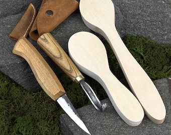 Spoon Carving Knife Set with Linden Blanks, Sloyd and Hook Knife, Carbon Steel 52100