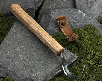 Hand-Forged Long Hook Knife for Spoon Carving, Carbon Steel, Leather Sheath, Father's Day Gift