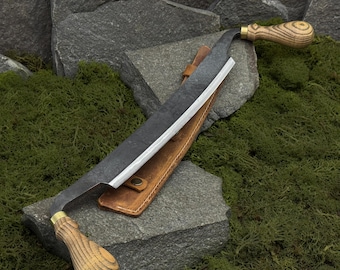 Hand-Forged Draw Knife, Carbon Steel Blade, Ash Handles, Leather Sheath, Father's Day Gift