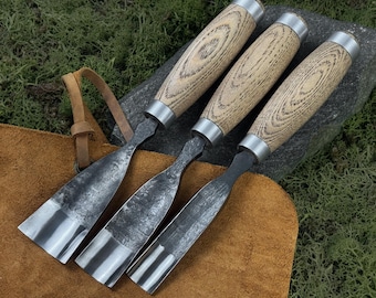 Wood Carving Gouges with Leather Case. Chisels for Woodworker. Sculptural Carving Gouges. Woodworking. Hand Forged Tools. Carbon Steel 52100