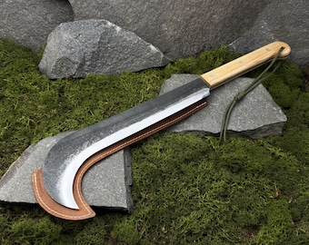 Bushcraft Machete with Leather Case. Knife for Camping, Clearing Brush and Outdoor Wood Crafting. Hand Forged Knife. Carbon Steel Blade