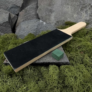 Wood Carving Knife Strop with Polishing Paste. Handcrafted Leather Sharpening Paddle with Oak Handle for Razor Sharp Edges and Tools.