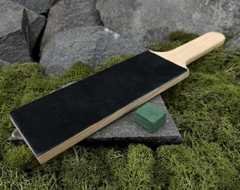Wood Carving Knife Strop with Polishing Paste. Handcrafted Leather Sharpening Paddle with Oak Handle for Razor Sharp Edges and Tools.