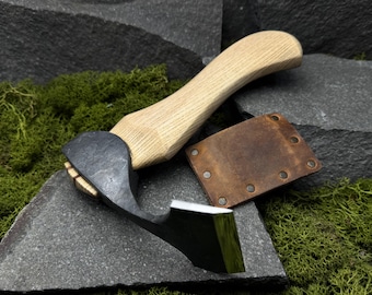 Adze with Leather Case. Wood Carving Tool. Adze with Straight Blade. Universal Axe. Woodworking Adze. Hand Forged Tool. Carbon Steel 52100.