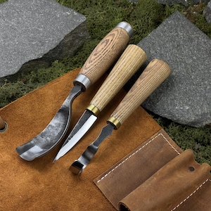 Set of 3 PCS Wood Carving Tool with Leather Case. Hook Knife. Bent Gouge. Sloyd Knife. Spoon Carving Tools. Hand Forged Knives. Steel 52100.