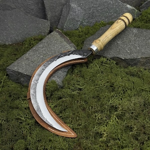Large Garden Scythe, Druid Boline, 52100 Carbon Steel, Hand Forged Harvest Sickle