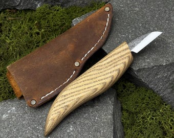Whittling Knife with Leather Case. Small Knife for Geometric Wood Carving and Woodworking Projects. Hand Forged Knife. Carbon Steel Blade