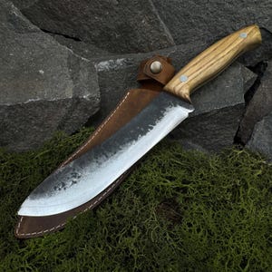 Bushcraft Knife with Leather Case. Knife for Camping, Hiking. Knife for Forest. Outdoor Utility Knife. Hand Forged Tool. Carbon Steel 52100.