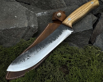 Bushcraft Knife with Leather Case. Knife for Camping, Hiking. Knife for Forest. Outdoor Utility Knife. Hand Forged Tool. Carbon Steel 52100.