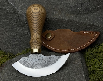 Rond mes voor leerbewerking met mes met halve maan. 52100 gesmeed koolstofstaal gereedschap met leren tas voor villen, snijden en knutselen.