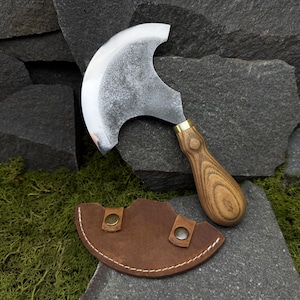 Leather Round Knife with Leather Case. Cutting Leather Knife. Skiving Tool. Half Moon Blade. Leatherworking. Hand Forged. Carbon Steel 52100