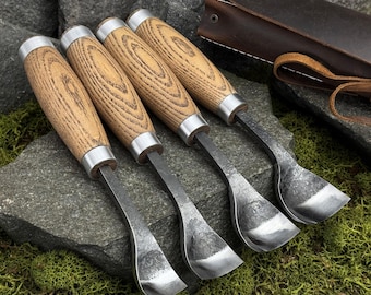Hand-Forged Spoon Gouges, Carbon Steel 52100, Bent Gouges for Carving Bowls, Cups