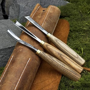 Set of 3 Wood Carving Tools with Leather Case. Chisels for Detailed Carving. Woodworking Gouges. Hand Forged Tools. 52100 Carbon Steel Blade