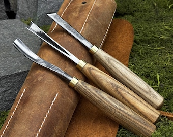 Set of 3 Wood Carving Tools with Leather Case. Chisels for Detailed Carving. Woodworking Gouges. Hand Forged Tools. 52100 Carbon Steel Blade