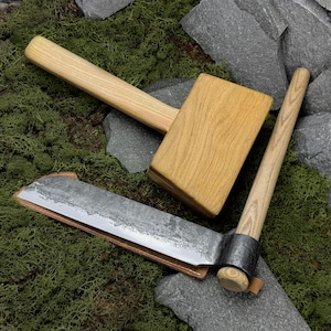 Splitting Froe and Wooden Mallet with Leather Case. Set for Splitting Firewood. Woodworking Tools. Hand Forged Tools. Carbon Steel 52100.