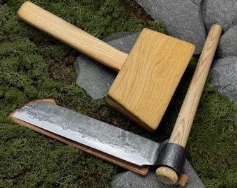 Splitting Froe and Wooden Mallet with Leather Case. Set for Splitting Firewood. Woodworking Tools. Hand Forged Tools. Carbon Steel 52100.