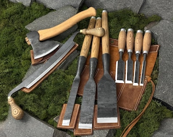 Set Woodworking Tool 9-Piece with Leather Cases, Hand Forged Tools, Carbon Steel 52100