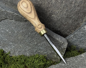 Hand-Forged Leather Awl with Ash Handle. Carbon Steel 52100 Needle Tool for Stitching, Marking and Crafting Leatherwork or Wood Projects.
