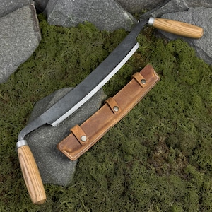 Large Drawknife with Leather Sheath. Forged Two-Handed Tool with Carbon Steel 52100 Blade for Carpentry, Wood Shaping, and Woodworking Tasks