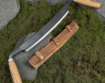 Large Drawknife with Leather Sheath. Forged Two-Handed Tool with Carbon Steel 52100 Blade for Carpentry, Wood Shaping, and Woodworking Tasks