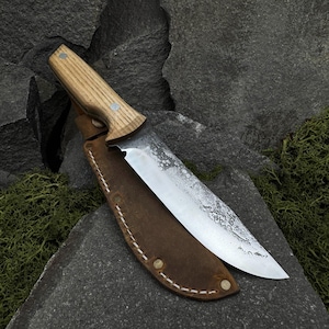 Outdoor Knife with Leather Sheath. Hand Forged Carbon Steel 52100 Blade for Camping, Bushcraft, Forest Carving, and General Hiking Use.
