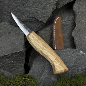 Couteau Lloyd avec étui en cuir. Outil de sculpture pour projet sur bois. Couteau à sculpter sur bois pour débutant, sculpteur. Outil forgé à la main. Acier au carbone 52100.