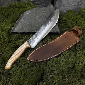 Hand Forged Bushcraft Knife with Carbon Steel 52100 Blade. Leather Case Included. Tool for Hiking, Camping, and Outdoor Forest Tasks.