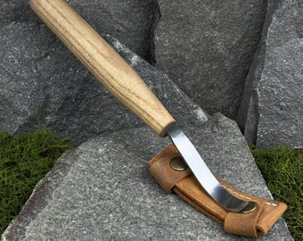 Haakmes met leren tas. Lepel vleesmes. Houtbewerkingsgereedschap. Mes voor beginners en vleessnijders. Handgesmeed gereedschap. Koolstofstaal 52100.