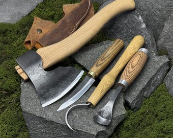 4-Piece Set of Spoon Carving Tool with Leather Cases. Axe, Gouge, Sloyd and Hook Knives. Woodworking Tools. Hand Forged. Carbon Steel 52100.