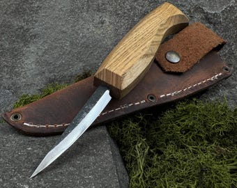 Sloyd Knife for Wood Carving and Whittling. Forged Carbon Steel 52100 Blade with Ash Handle and Leather Case for Spoon and Detail Work.
