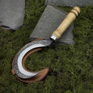 Small Sickle with Leather Case. Gardening Tools. Sickle for Harvesting. Clearing Overgrowth. Boline. Hand Forged Sickle. Carbon Steel 52100.