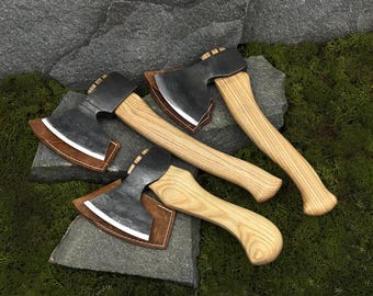 Hand Forged Carving Hatchet, Carbon Steel 52100 Blades, Ash Handles, Leather Sheaths