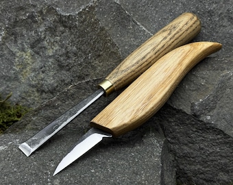 2er Set Detaillierte Schnitzwerkzeuge. Skulpturale Schnitzeisen. Schnitzmesser für Anfänger. Handgeschmiedete Werkzeuge. 52100 Klingen aus Kohlenstoffstahl