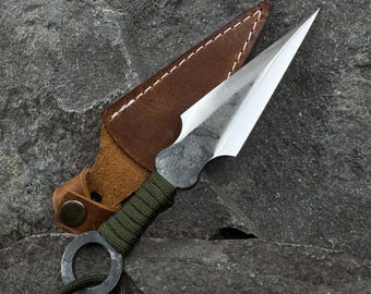 Competition Throwing Knife with Blunt Carbon Steel Blade. Hand Forged Camping and Outdoor Activity Tool with Paracord Wrapped Handle.