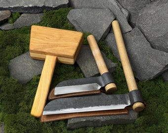 Set Splitting Froe and Wooden Mallet with Leather Cases. Tools for Splitting Firewood. Woodworking Tools. Hand Forged. Carbon Steel 52100