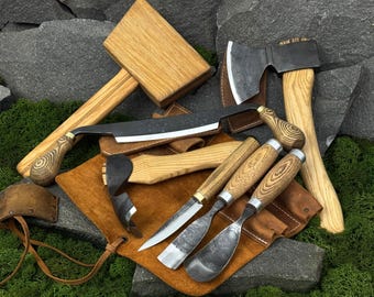 Conjunto de 7 ferramentas para marcenaria com estojos de couro. Ferramentas para entalhar tigelas. Ferramentas para escultura em madeira. Ferramenta de carpinteiro. Ferramenta forjada à mão. Aço carbono 52100.
