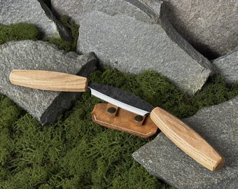 Forged Drawknife with Leather Case. Small Woodworking Drawknife for Shaping, Debarking and Carving. Carpentry Tool. Carbon Steel 52100 Blade