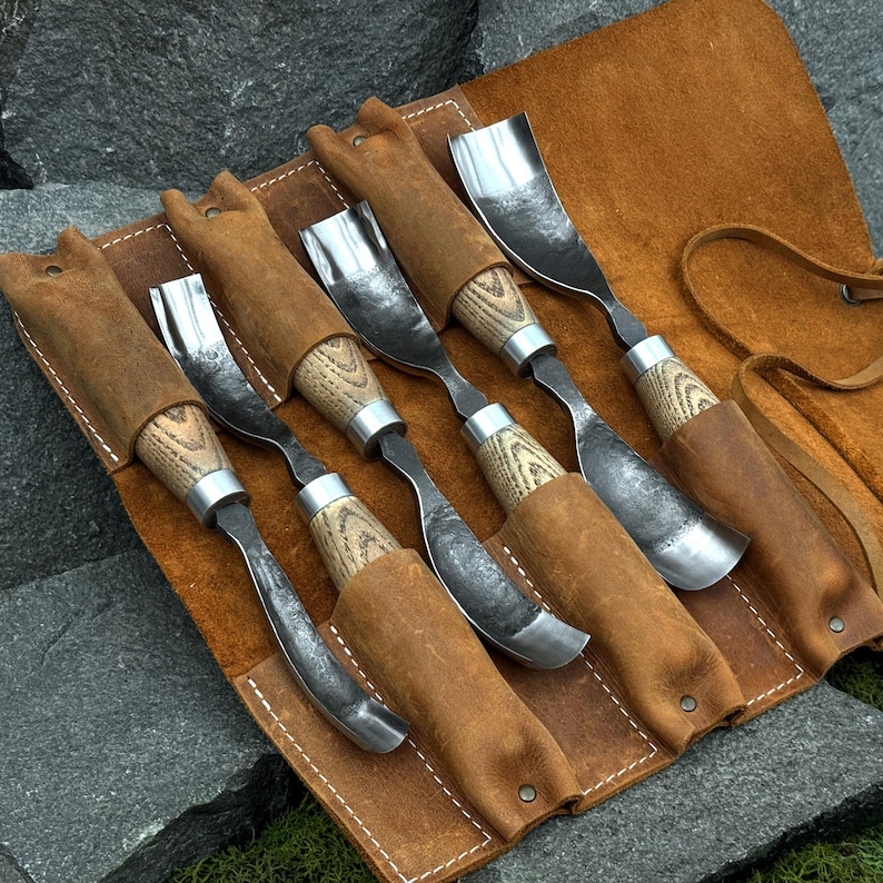 Spoon Carving Gouges, Hand Forged Curved Bent Chisel, Carbon Steel 52100, Wood Hollowing Tools Set of 6 pieces