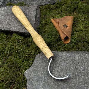 Forged Long Hook Knife with Leather Case. Wood Carving Tool. Spoons, Bowls, Cups Carving Knife. Handcrafted Knife. Carbon Steel 52100 Blade