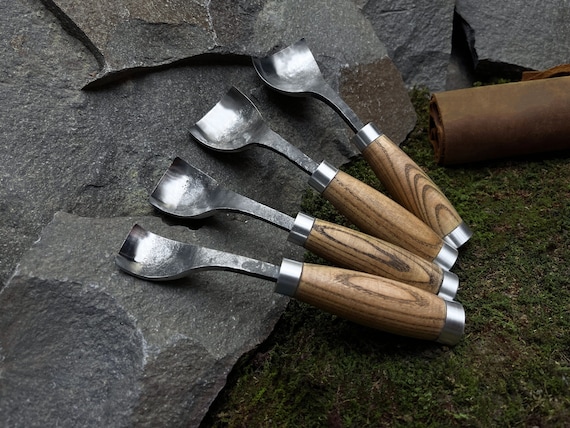 Spoon Gouges with Leather Case. Bent Gouges for Carving Spoons, Bowls, Cups. Curved Gouge. Woodworking. Hand-Forged Tool. Carbon Steel 52100
