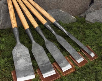 Set of 5 Carpentry Chisel with Leather Cases. Slick Chisels. Woodworking Tools. Framing Timber Chisels. Hand Forged Tool. Carbon Steel 52100
