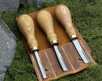 Edge Skivers with Leather Case. French Skivers. Knives for Thinning Leather. Leatherworking Tools. Hand Forged Tools. Carbon Steel 52100.