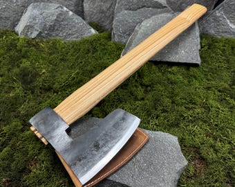 Hand-Forged Viking Axe with Leather Sheath. Ash Handle. Carbon Steel Blade. Outdoor Tool for Camping, Survival Tasks, Firewood Splitting.