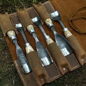 Spoon Carving Tool Set 6 PCS with Leather Cases. Bowl Carving Gouges. Woodworking Tools. Bent Gouges. Hand Forged Tools. Carbon Steel 52100.