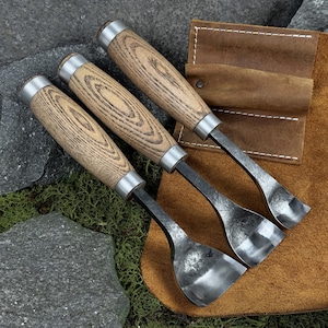 Set of 3 Bowl, Spoon Gouge with Leather Case. Curved Gouges. Wood Carving Tools. Bent Gouges. Hand-Forged Tools. Carbon Steel 52100.