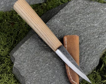 Hand Forged Sloyd Knife with Leather Case. Wood Carving Knife for Whittling, Detail Work & Spoon Carving. 52100 Carbon Steel Blade.