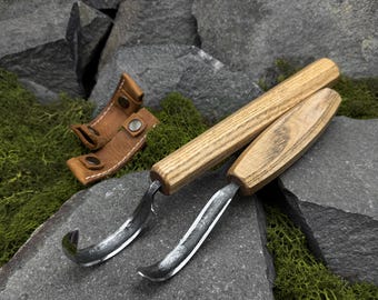 2-Piece Set Large Hook Carving Knives with Leather Case. Knives for Spoon, Bowl Carving. Hand Forged Knives. 52100 Carbon Steel Blades