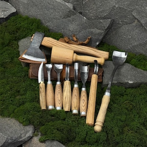 Wood Carving Tool Set 10 pcs, Hand-Forged Carbon Steel Blades, Ash Handles, Leather Roll